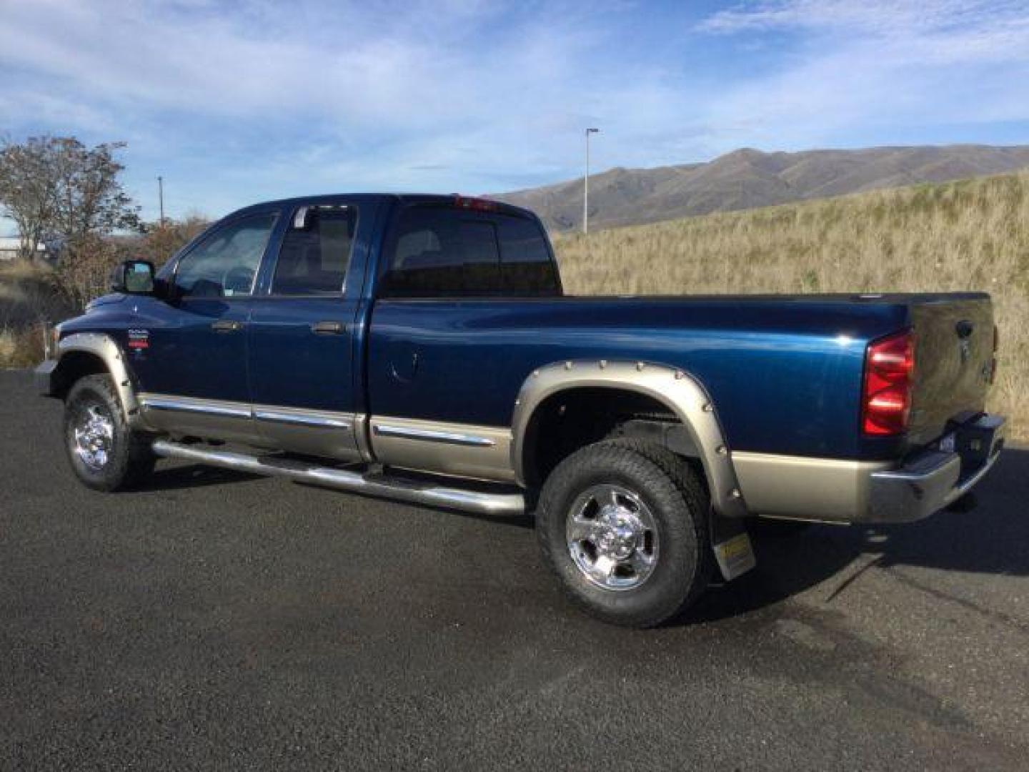 2008 Blue/Gold /Khaki Leather Dodge Ram 3500 Laramie Quad Cab 4WD (3D7MX38A68G) with an 6.7L L6 OHV 24V TURBO DIESEL engine, 6-Speed Manual Transmission transmission, located at 1801 Main Street, Lewiston, 83501, (208) 743-9371, 46.417065, -117.004799 - Photo#2