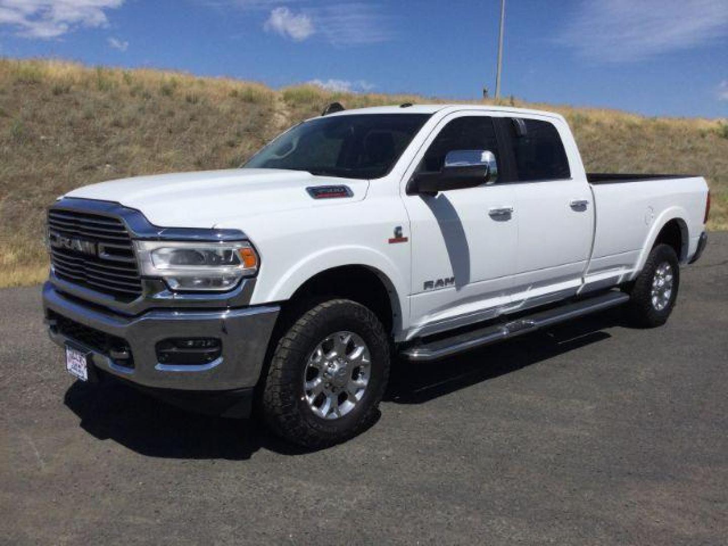 2019 Bright White Clear Coat /Black, leather RAM 3500 Laramie Crew Cab LWB 4WD (3C63R3JL1KG) with an 6.7L L6 OHV 24V TURBO DIESEL engine, 6-Speed Automatic transmission, located at 1801 Main Street, Lewiston, 83501, (208) 743-9371, 46.417065, -117.004799 - Photo#0